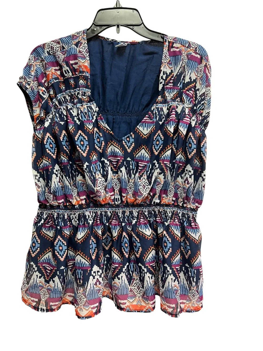 Old Navy Blouse Womens XL Blue Geometric Ikat Boho Dolman V-Neck Top
